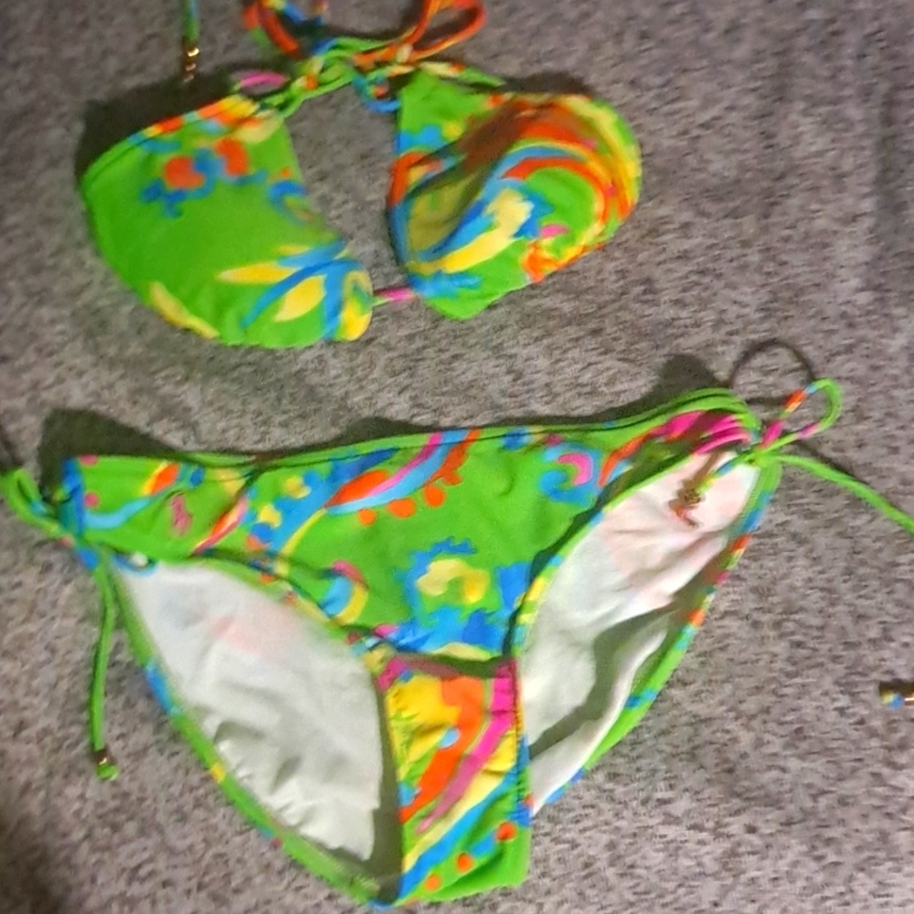 Ralph Lauren Neon Green Multicolor Floral Tie Bikini